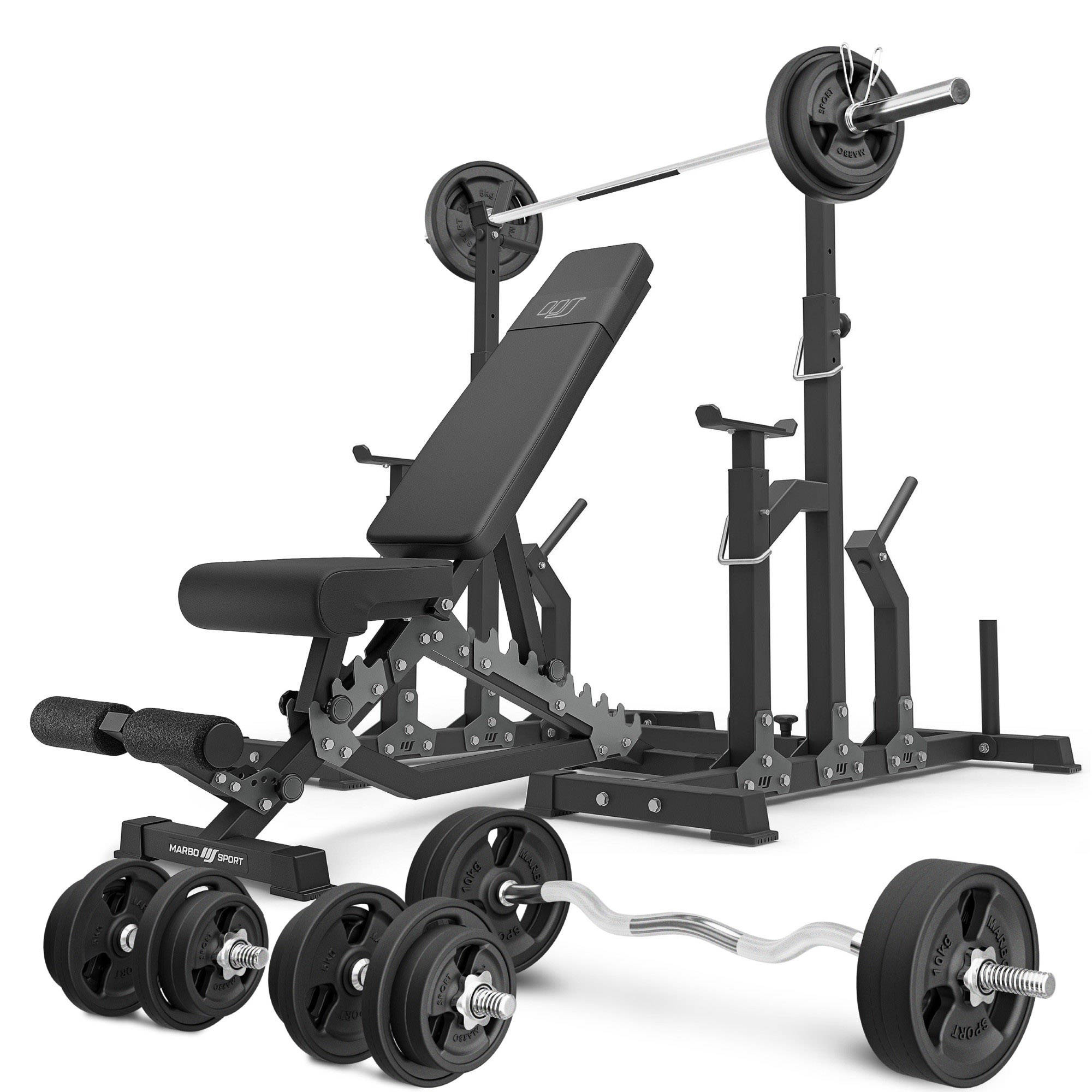 MS2_2.0_113KG_G | dubbelzijdige bank + verstelbare steunen + set handgrepen en rubberen gewichten 113 kg - Marbo Sport