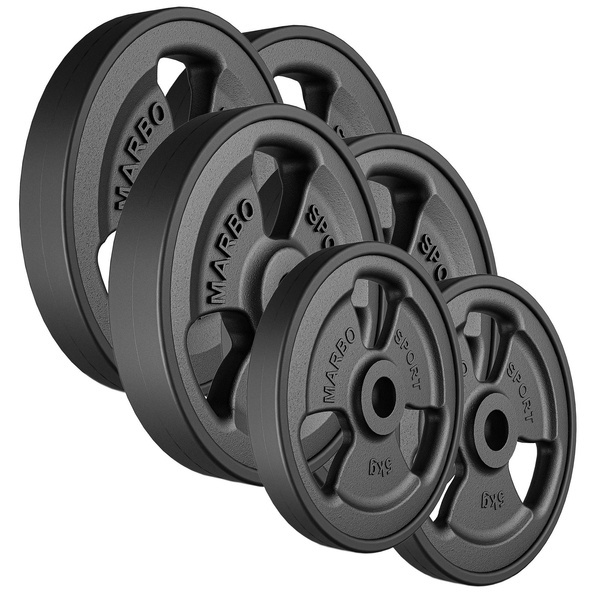 Tri-Grip rubberen gegoten halterschijven set gewichten met ø30 / 31 mm boring | Set 60kg / 2 x 15 kg + 2 x 10 kg + 2 x 5 kg - Marbo Sport