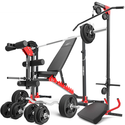 Set MH25_162KG_KIER_G | Halterbank MH-L115 + 2 x dumbbell stands + beentrainer + lat pulldown station + curl desk + bars / halterschijven 113 kg - Marbo Sport