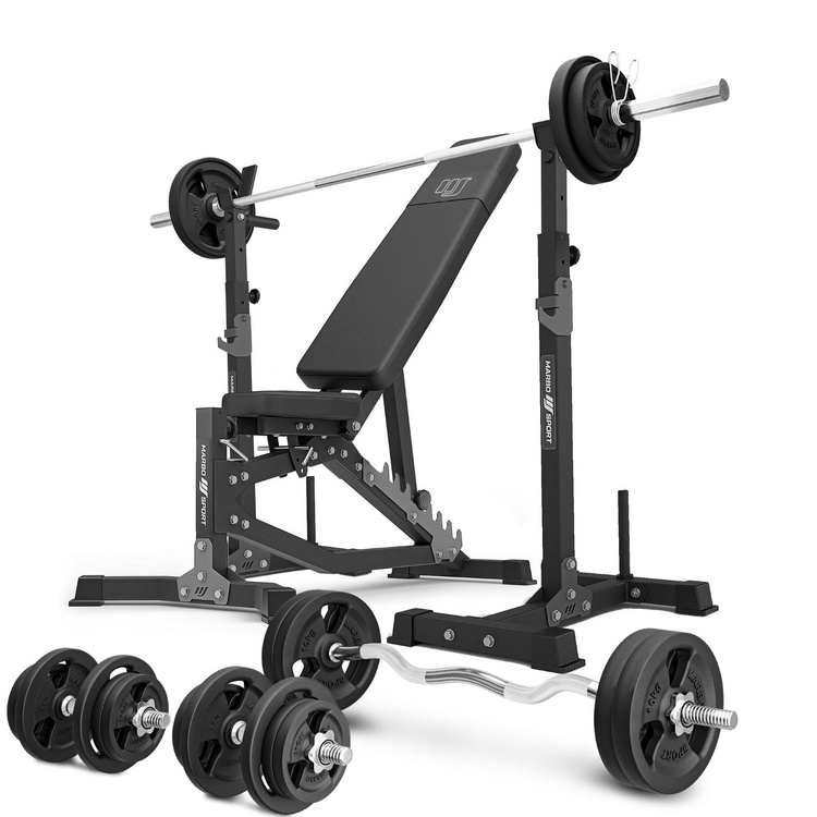 MS30_2.0_113KG | Dubbelzijdige verstelbare trainingsbank + multilevel halterstatieven (2 stuks) met ondersteuning + set handgrepen en 113 kg gewichten - Marbo Sport
