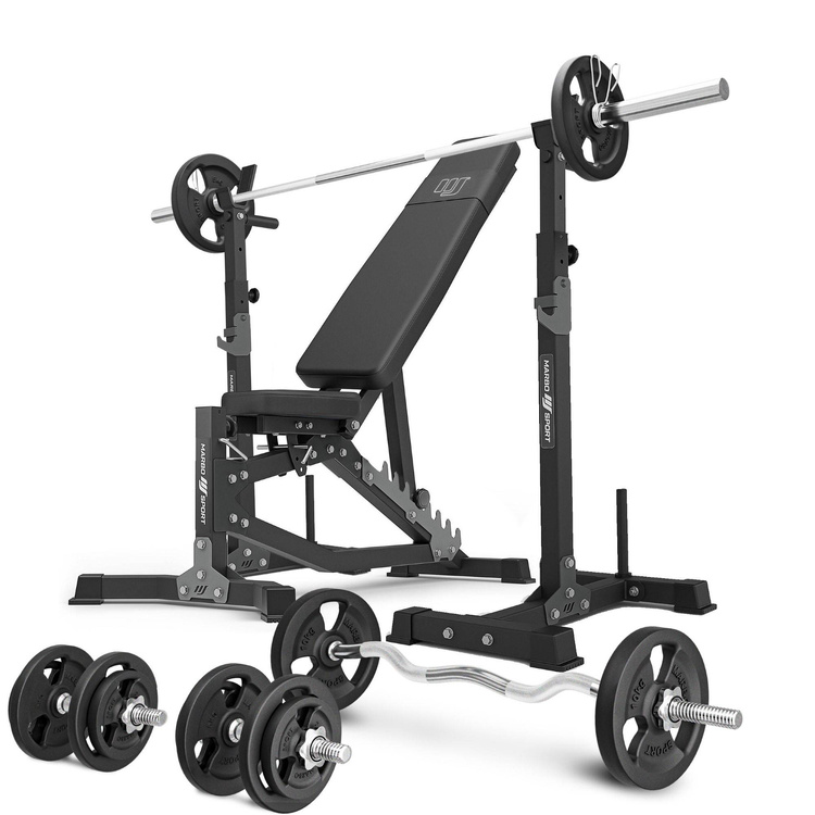 Set MS30_2.0_83KG | Dubbele verstelbare trainingsbank + multilevel halterstatieven (2 stuks) met ondersteuning + set handgrepen en gewichten 83 kg - Marbo Sport