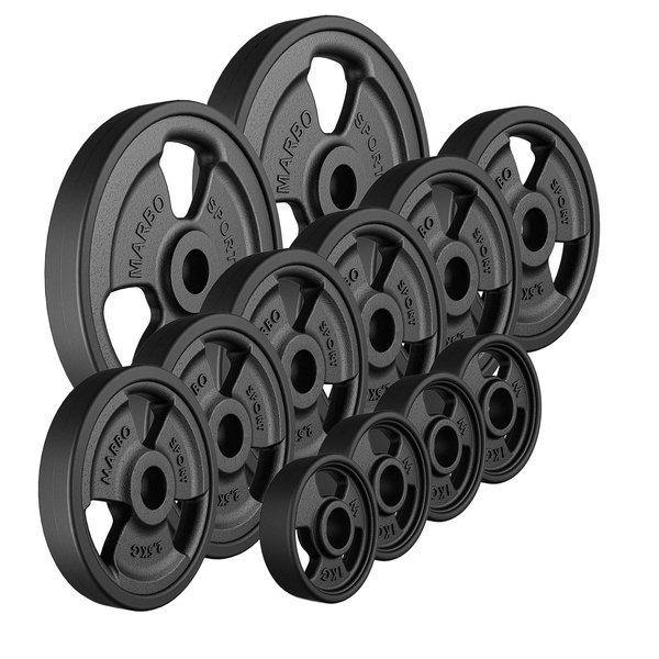 Tri-Grip rubberen gegoten halterschijven set gewichten met ø30 / 31 mm boring | Set 29 kg / 2 x 5 kg + 6 x 2,5 kg + 4 x 1 kg - Marbo Sport