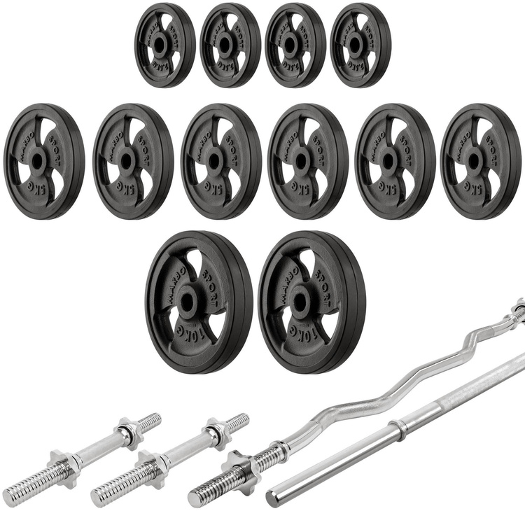 MS36_2.0_83KG_G set | Dubbele verstelbare trainingsbank + portaalstatieven + bidstang + bankdrukken + optrekken + set handgrepen en rubberen gewichten 83 kg - Marbo Sport