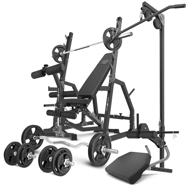 Set MS36_2.0_83KG | Dubbele verstelbare trainingsbank + portaalstatieven + bidstang + bankdrukken + heffen + set handgrepen en gewichten 83 kg - Marbo Sport