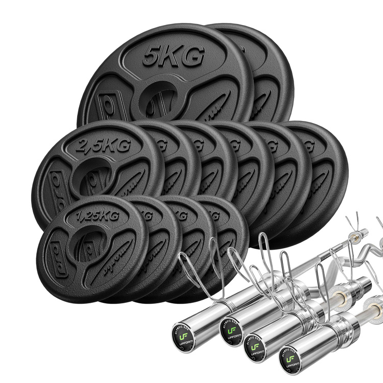 Set 65kg | Olympische halterstang 180 cm + licht gebogen curlstang 120 cm + 2x halterstang 50 cm + halterschijven 2x5kg, 6x2.5kg, 4x1.25kg - Marbo Sport