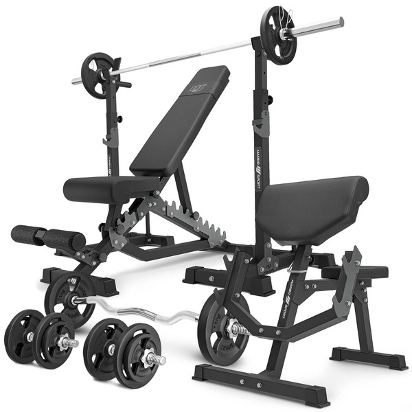 Set MS33_2.0_83KG | Dubbelzijdige bank + multilevel halterstatieven (2 stuks) met ondersteuning + Scott's bank (bidstang) met verstelbare steun + set handgrepen en gewichten 83 kg - Marbo Sport