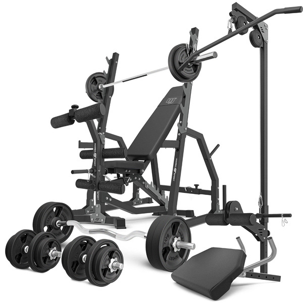 MS36_2.0_113KG_G set | Dubbele trainingsbank + portaalstatieven + bidstang + bankdrukken + optrekken + set handgrepen en rubberen gewichten 113 kg - Marbo Sport
