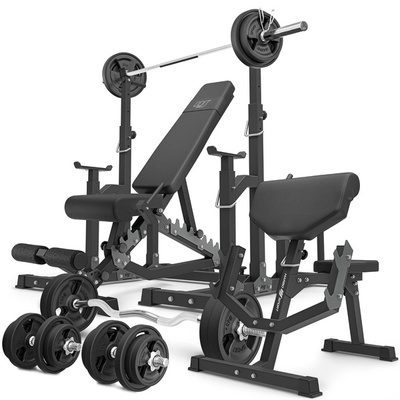 Set MS5_2.0_113KG_G | Dubbelzijdige bank + verstelbare steunen + Scott's bank (bidstang) met verstelbare steun + set handgrepen en rubberen gewichten 113 kg - Marbo Sport