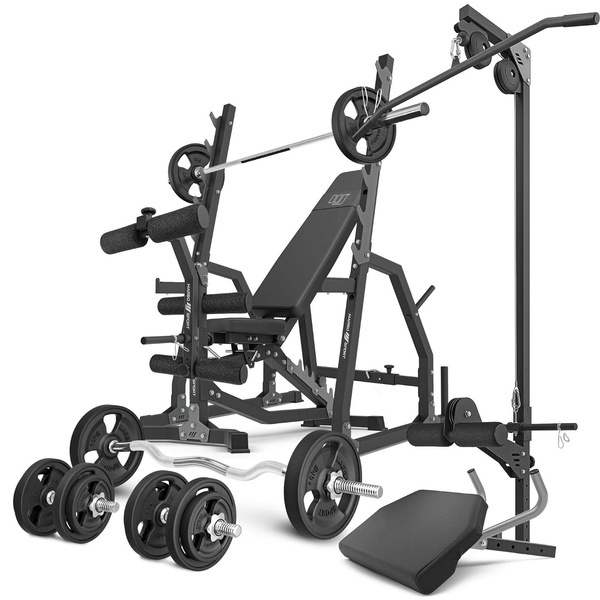 MS36_2.0_83KG_G set | Dubbele verstelbare trainingsbank + portaalstatieven + bidstang + bankdrukken + optrekken + set handgrepen en rubberen gewichten 83 kg - Marbo Sport