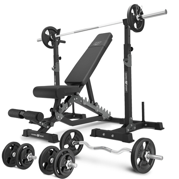 Set MS34_2.0_83KG | dubbelzijdige bank + multilevel halterstatieven (2 stuks) met hulp + set handgrepen en gewichten 83kg - Marbo Sport