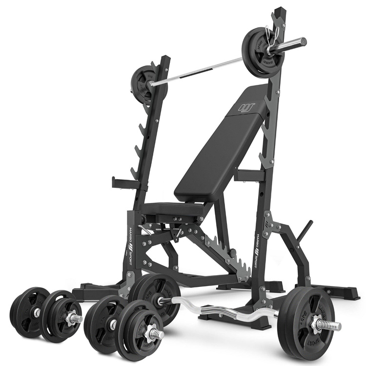 MS8_2.0_113KG set | Dubbelzijdige verstelbare trainingsbank + multilevel steunen (2 stuks) + set handgrepen en gewichten 113 kg - Marbo Sport