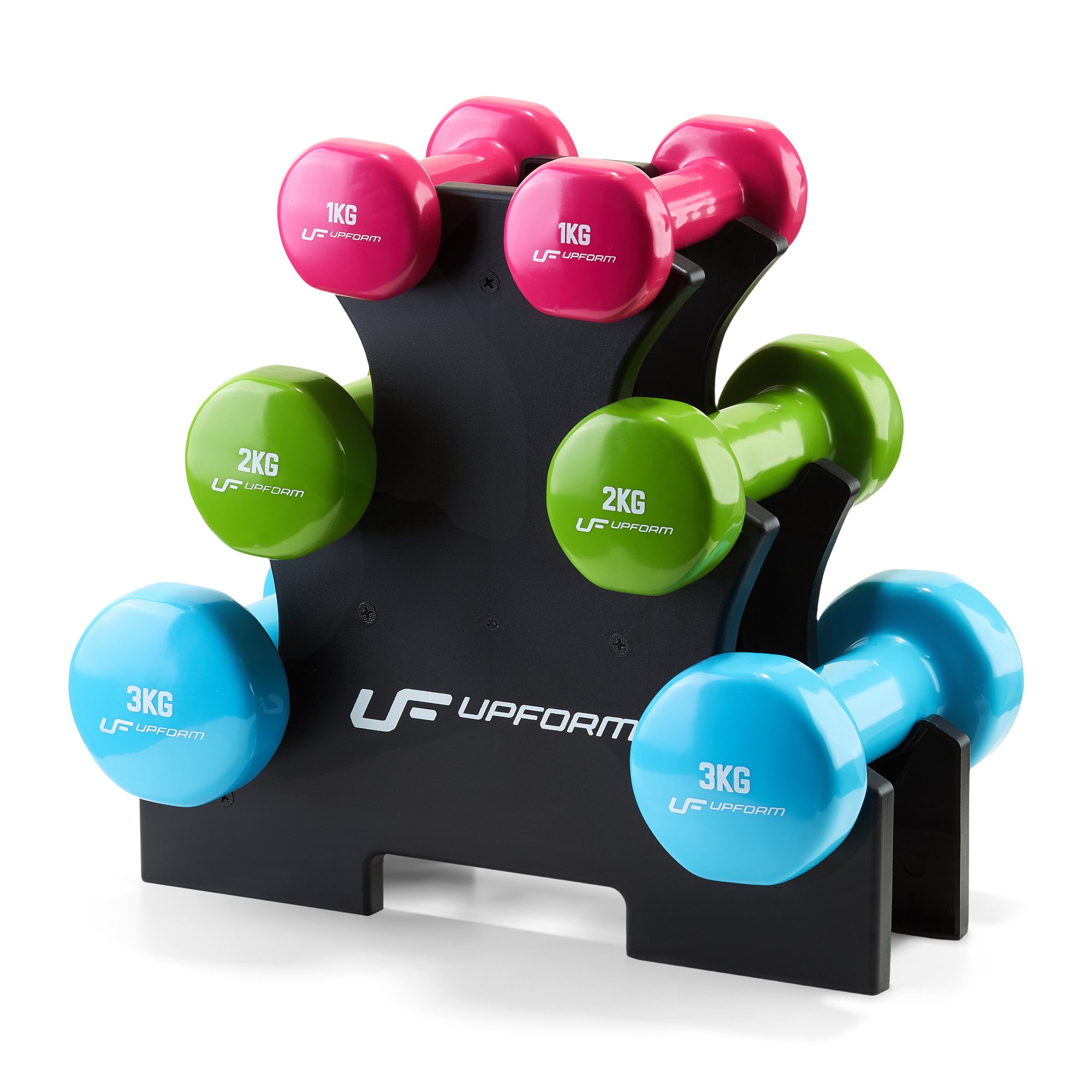 Vinyl fitness dumbbellset UpForm 12 kg met standaard