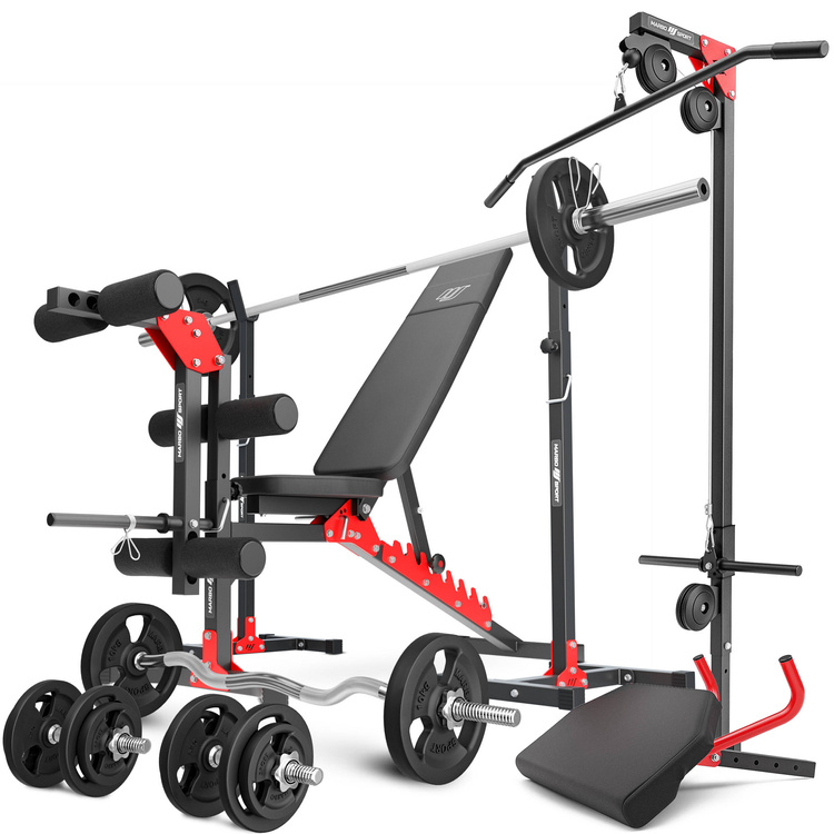 Set MH25_132KG_KIER | verstelbare halterbank + halterstandaard MH-S201 + beentrainer + lat pulldown + Scott bank + halter / halterschijven set 83 kg - Marbo Sport