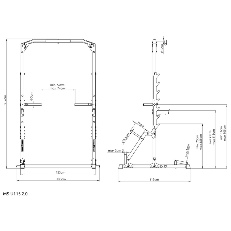 Squat halfrack met optrekstang met rek en dipstation + landmijnbevestiging MS-U115 2.0 - Marbo Sport