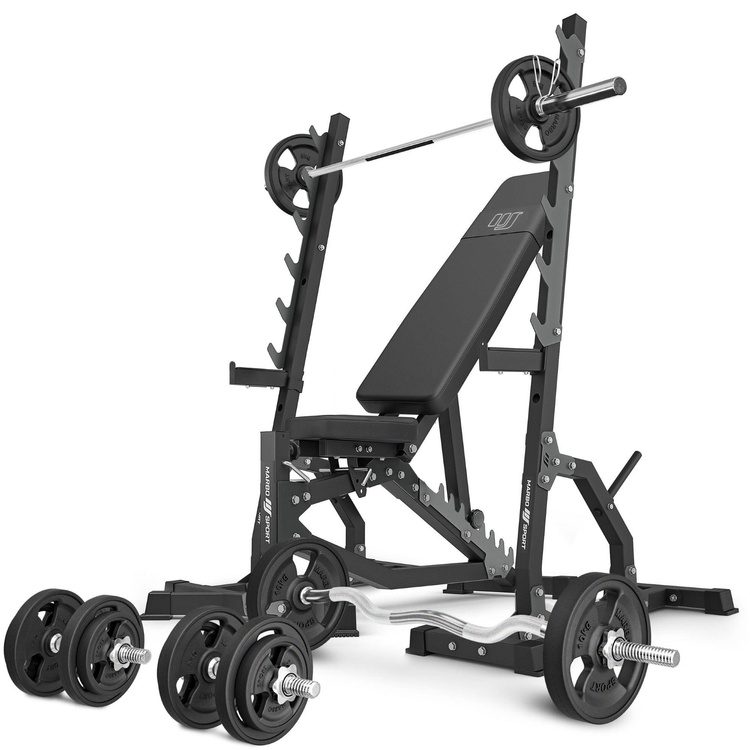 Set MS8_2.0_83KG_G | Dubbele verstelbare trainingsbank + multilevel steunen (2 stuks) + set handgrepen en rubberen gewichten 83 kg - Marbo Sport