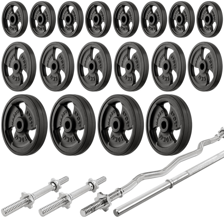 MS41_2.0_113KG_G | verstelbare bank met rekken en negatieve hoek + bidstang + bankdrukken + optrekken + set handgrepen en rubberen gewichten 113 kg - Marbo Sport