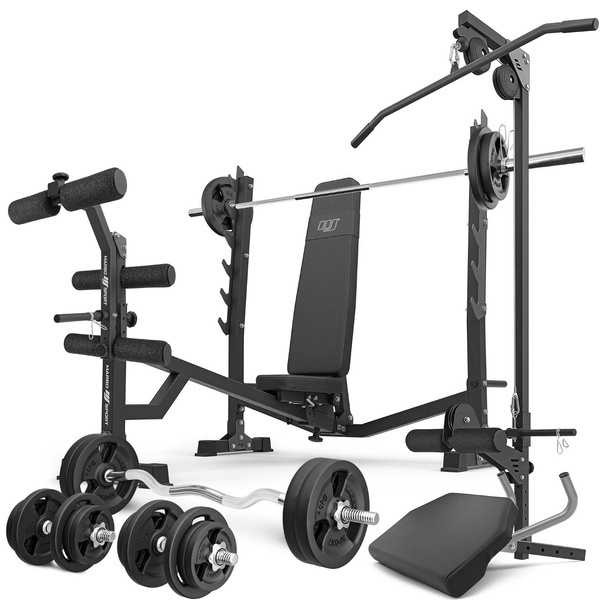MS41_2.0_113KG | verstelbare bank met rekken en negatieve hoek + bidstang + bankdrukken + pull-up + set handgrepen en 113 kg gewichten - Marbo Sport