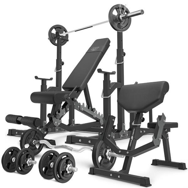 Set MS5_2.0_83KG | Dubbelzijdige bank + verstelbare steunen + Scott's bank (bidstang) met verstelbare steun + set handgrepen en gewichten 83 kg - Marbo Sport