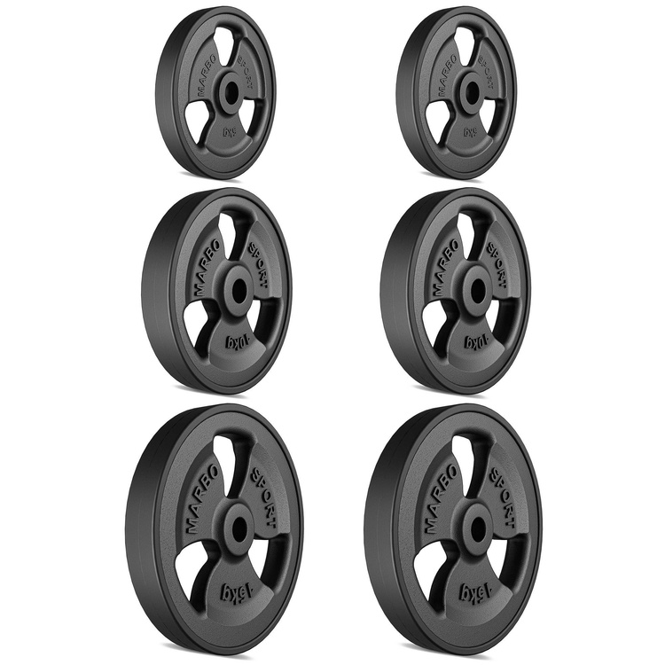 Tri-Grip rubberen gegoten halterschijven set gewichten met ø30 / 31 mm boring | Set 60kg / 2 x 15 kg + 2 x 10 kg + 2 x 5 kg - Marbo Sport