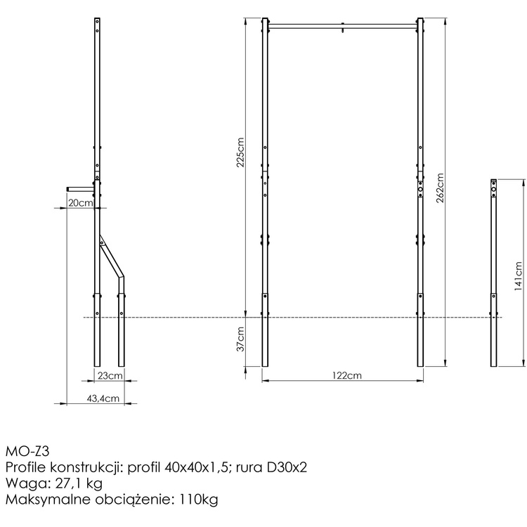 Externe optrekstang met zakhouder en korte dip-handgrepen MO-Z3 - Marbo Sport