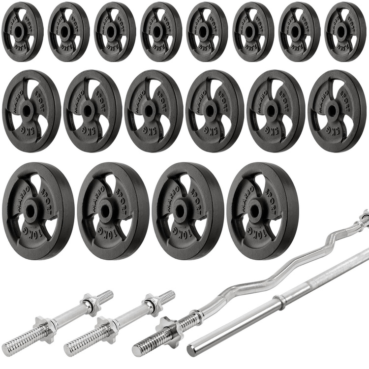 MS33_2.0_113KG | Dubbelzijdige bank + multilevel halterstatieven (2 stuks) met ondersteuning + Scott's bank (bidstang) met verstelbare steun + set handgrepen en 113 kg gewichten - Marbo Sport