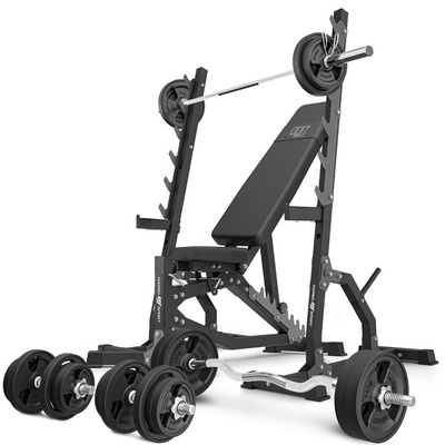 MS8_2.0_113KG_G set | Dubbele verstelbare trainingsbank + multilevel steunen (2 stuks) + set handgrepen en rubberen gewichten 113 kg - Marbo Sport