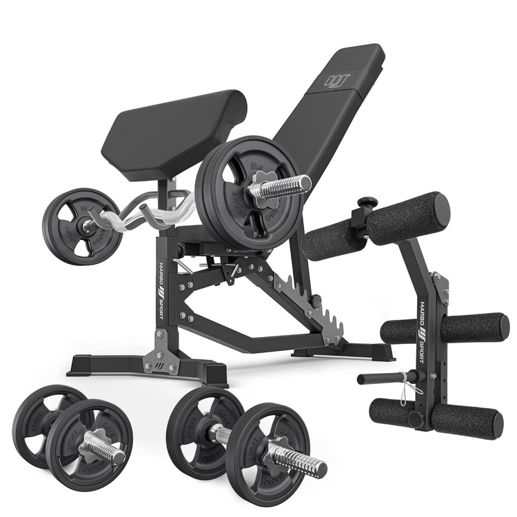 Set MS39_2.0_42KG_G | Dubbele verstelbare trainingsbank + bidstang + press + set handgrepen en rubberen gewichten 42 kg - Marbo Sport